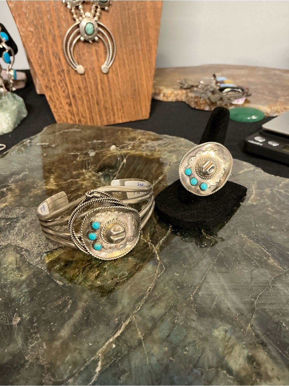 Bobby Platero Native Turquoise Accent Silver Cuff Bracelet and Ring Set